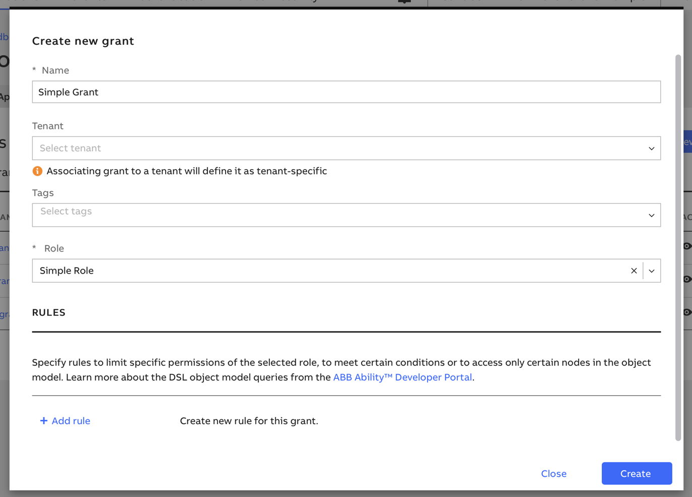 New grant modal
