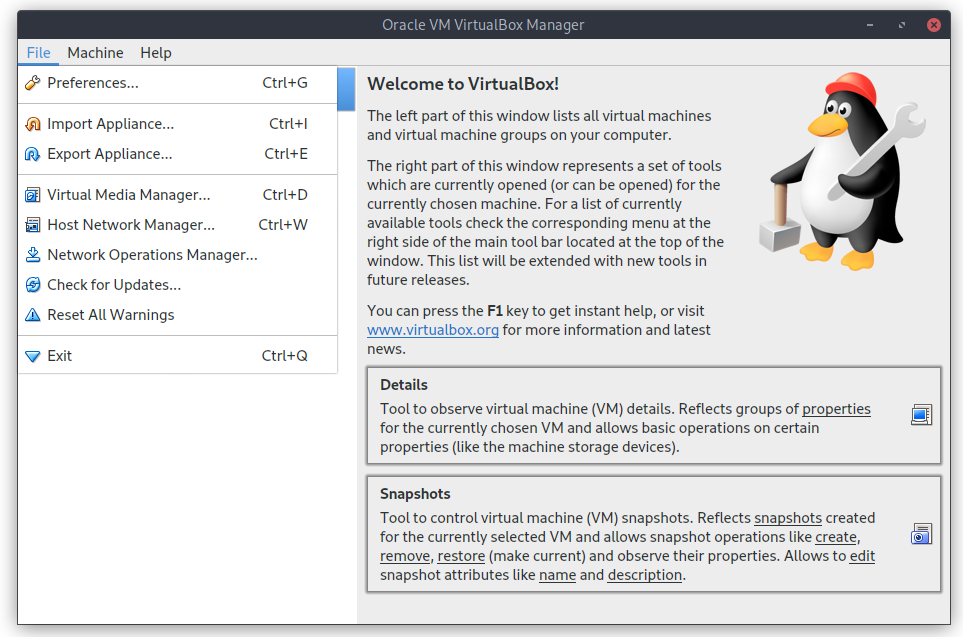 VirtualBox main window